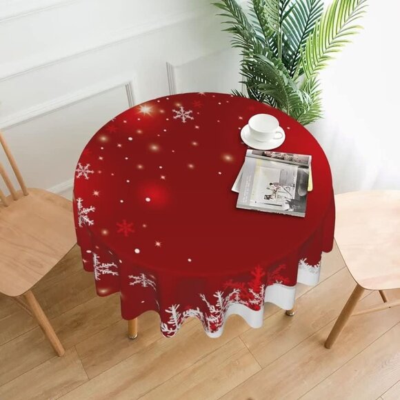 Beautiful Red and White 60-Inch Round Christmas Tablecloth - Easy Care Fabric - Picture 2 of 6